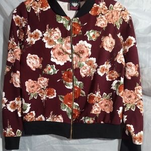 Vintage Pink Sparkle brand zipper bomber jacket burgondy & pink flowers J 14/16